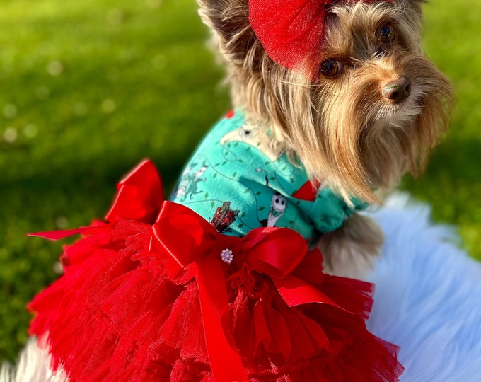 Adorable Christmas Knit Dog/Pet Dress with ruffled skirt!