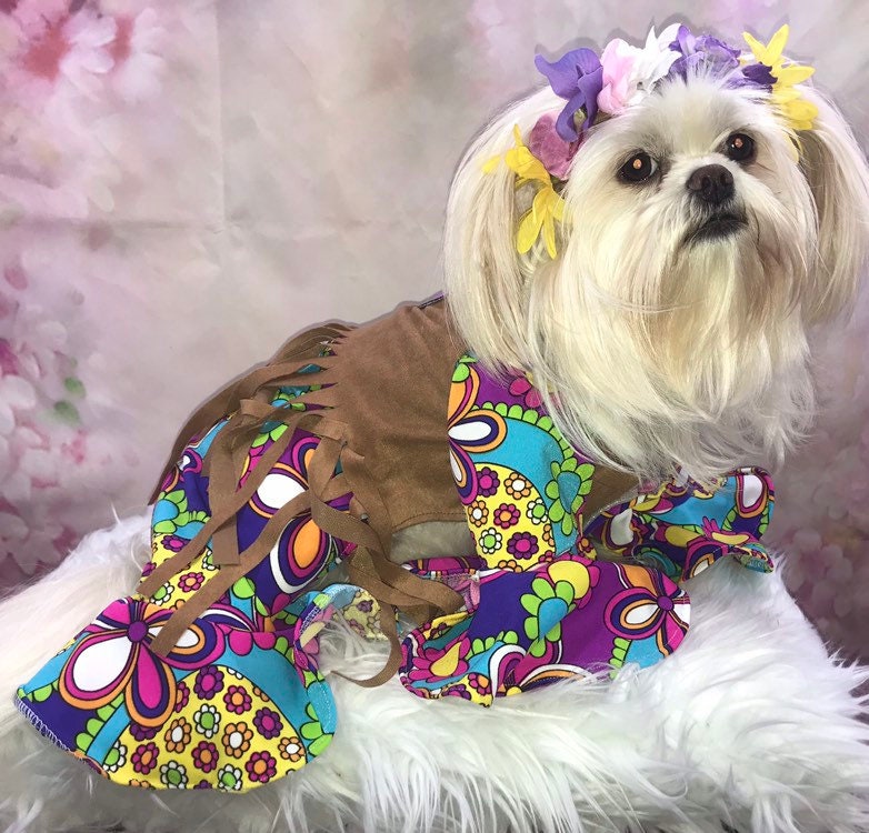Adorable Hippie peace Dog costume with flower headband