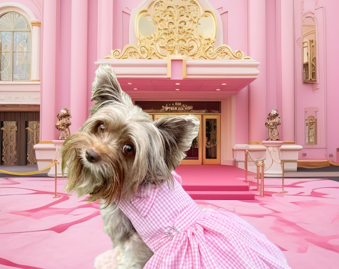 Barbie inspired bubblegum pink gingham/checkered perfect day costume dog dress. Can also be custom made in any size)
