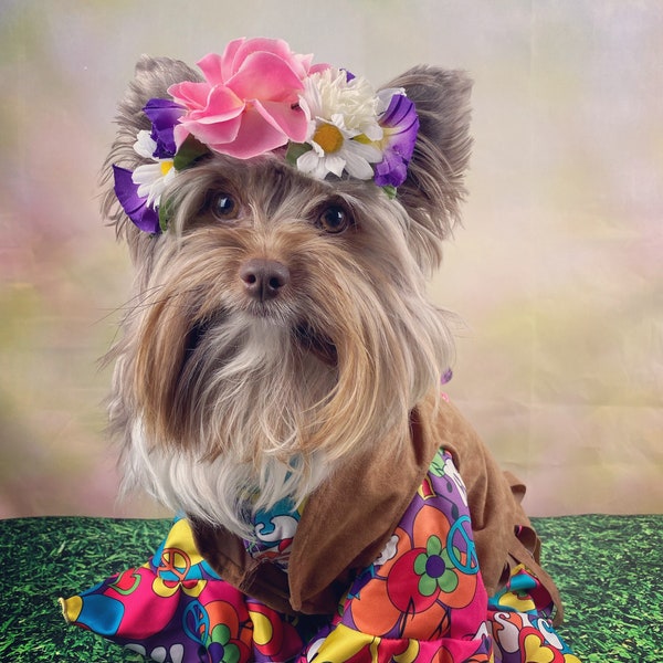 Adorable Hippie/Woofstock peace Dog costume with flower headband