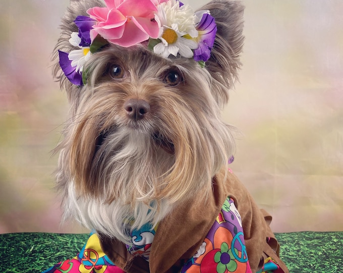 Adorable Hippie/Woofstock peace Dog costume with flower headband