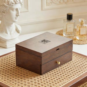 Handcrafted Walnut Jewelry Box, Two-Tier Ring Earring Storage, Vintage Brass Drawer, Engraved Medallion