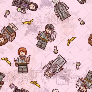 May include: A repeating pattern featuring illustrated characters and elements from the Harry Potter series. The design includes figures of Harry Potter, Ron Weasley, and other characters, along with golden snitches, potions, and Hogwarts castle on a pink background.