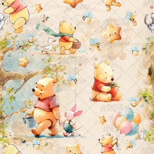 May include: Watercolor illustration featuring Winnie the Pooh and friends. The repeating pattern includes Pooh Bear, Piglet, bees, stars, and a duck. Pooh is wearing a red shirt and Piglet is wearing overalls. The background is a light beige with a sketched appearance.