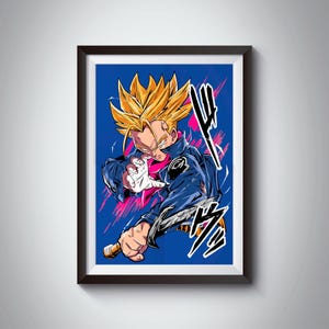 May include: Framed artwork featuring a dynamic illustration of a character with spiky blonde hair, wearing a blue jacket. The artwork has a blue background with pink accents and Japanese text.