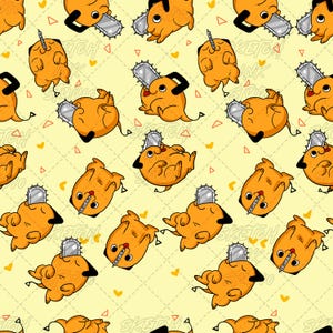 May include: A repeating pattern featuring orange cartoon dog-like creatures with chainsaw heads on a pale yellow backdrop. The creatures are in various poses, with black accents and silver chainsaw details. Small hearts and triangles are scattered.