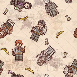 May include: A repeating pattern featuring illustrated characters from the Harry Potter series. The design includes figures of Harry Potter, Ron Weasley, and other characters, along with Hogwarts castle, golden snitches, and potion bottles.