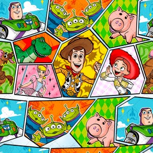 May include: A vibrant comic-style pattern featuring characters from the Toy Story franchise. Buzz Lightyear, Woody, Rex, and the Little Green Men are among the characters in this colourful design. The background is a mix of bright colours and geometric shapes.