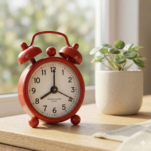 May include: A red vintage alarm clock with a white face and black numerals. The clock has a classic design with a bell on top and a small base. The clock is on a wooden surface next to a small potted plant.