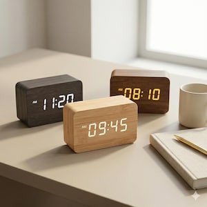 May include: Three rectangular digital alarm clocks with wooden exteriors. One is dark brown, displaying "11:20 AM" in white. Another is light brown, showing "09:45 AM". The third is medium brown, showing "08:10 AM" in yellow.