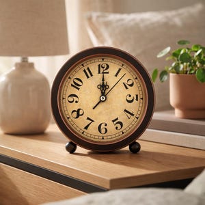 May include: A round, antique-style clock with a cream-colored face and black numerals. The clock has a dark brown frame and sits on two small black feet. The hands point to approximately 7:07. A lamp and a potted plant are in the background.