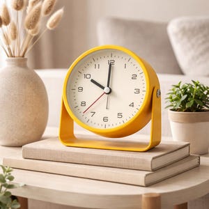 May include: A yellow analog clock with a white face, black numerals, and black hands. The clock is set on a table with two books and a vase with dried flowers. The clock's stand is also yellow.