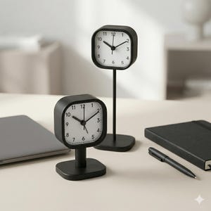 May include: Two black square desk clocks with white faces and black hands. One clock is on a short stand, the other on a taller stand. A black pen and notebook are on the table.
