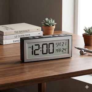 May include: A digital alarm clock with a black frame and silver face displays the time as 12:00 PM. The date is shown as Saturday, March 24th. The clock sits on a wooden surface, with books and plants in the background.