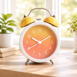 May include: A white and yellow analog alarm clock with a gradient orange and yellow face. The clock has a metal handle and legs, and yellow bells on top. The clock is on a wooden surface.