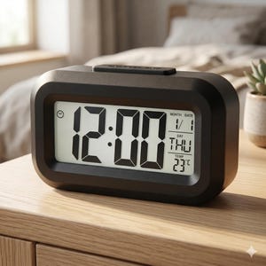 May include: A black digital alarm clock showing 12:00, with the date, day, and temperature. The clock has a rectangular shape with rounded corners and is on a wooden surface. The temperature is 23 degrees Celsius.