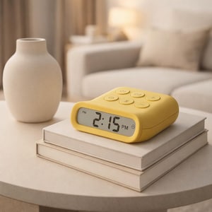 May include: A yellow digital alarm clock displaying 2:15 PM, with six buttons on top. The clock sits on a stack of two books, next to a cream-colored vase. The background includes a sofa and a lamp.
