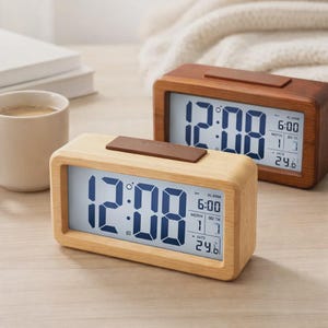 Massivholz Wecker, Kleine Nachttischuhr, LED Anzeige, Temperatur & Datum