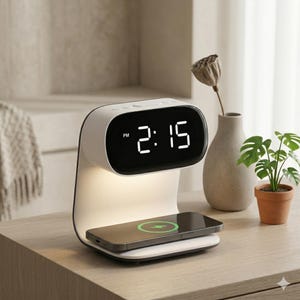 Wireless Charging Alarm Clock Night Light, Touch Dimmable LED, Snooze, USB Powered