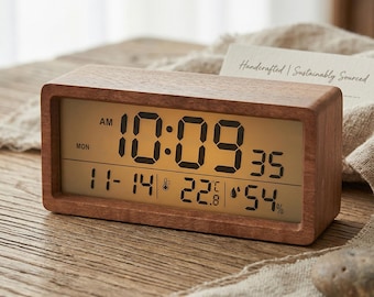 Wooden LED Alarm Clock Large Display Temperature Humidity Snooze 12/24H