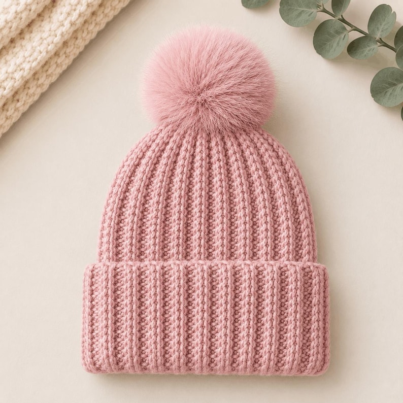 Pu&ograve; includere: Un berretto rosa polvere caratterizzato da una spessa trama a maglia a coste e un ampio risvolto ripiegato. Il cappello &egrave; sormontato da un grande pon-pon soffice coordinato. Il design presenta un motivo a maglia verticale su tutta la calotta.
