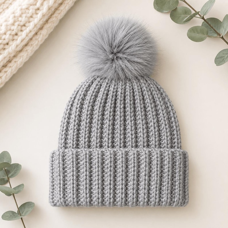 Pu&ograve; includere: Un berretto in maglia grigio chiaro caratterizzato da una spessa trama a coste e un ampio risvolto. Il cappello &egrave; sormontato da un grande e soffice pon-pon in pelliccia sintetica grigia in tinta, creando un classico accessorio invernale.