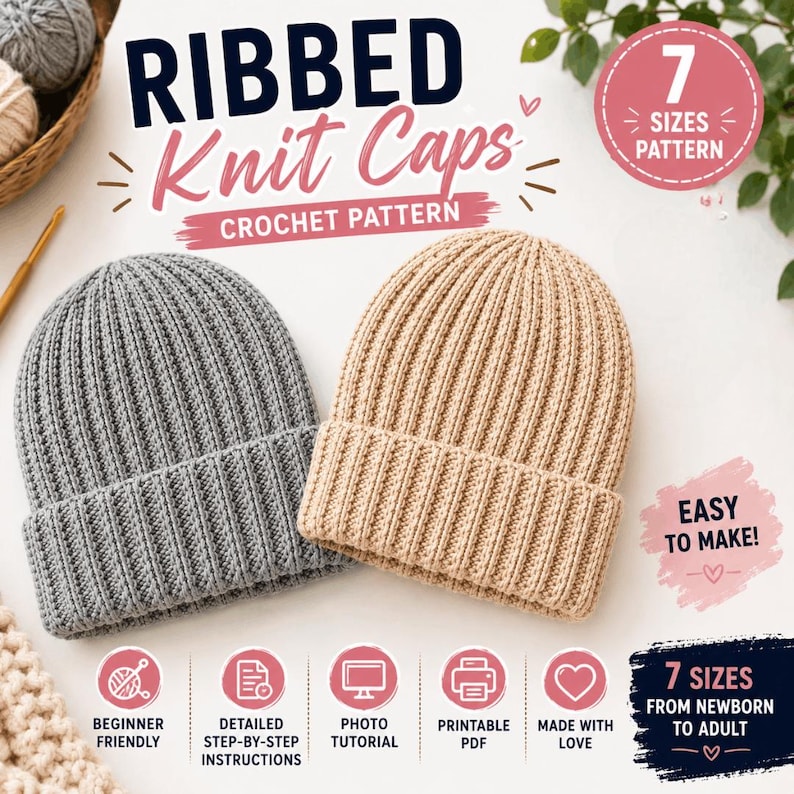 Pu&ograve; includere: Uno schema all'uncinetto per berretti a maglia a coste con il testo RIBBED Knit Caps CROCHET PATTERN, 7 SIZES PATTERN, EASY TO MAKE! e 7 SIZES FROM NEWBORN TO ADULT. L'immagine mostra un berretto a coste grigio e uno beige.