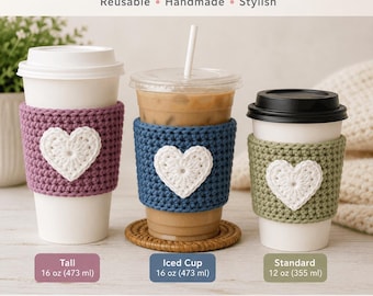 Haakpatroon voor een hartvormige koffiemokhoes (PDF) - Leuke koffiemokhoes, beginnersvriendelijk, snel zelf te maken cadeau, herbruikbare mokhoes, direct te downloaden