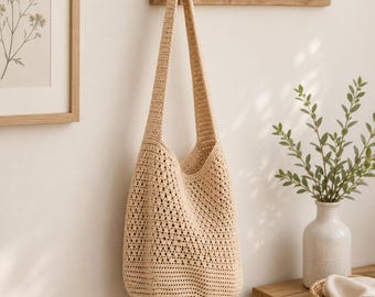 Può includere: Una borsa hobo all'uncinetto color beige caratterizzata da un motivo a maglia aperta su tutto il corpo e una base solida e a trama fitta. La borsa include un unico, ampio cinturino a spalla integrato nella struttura principale.