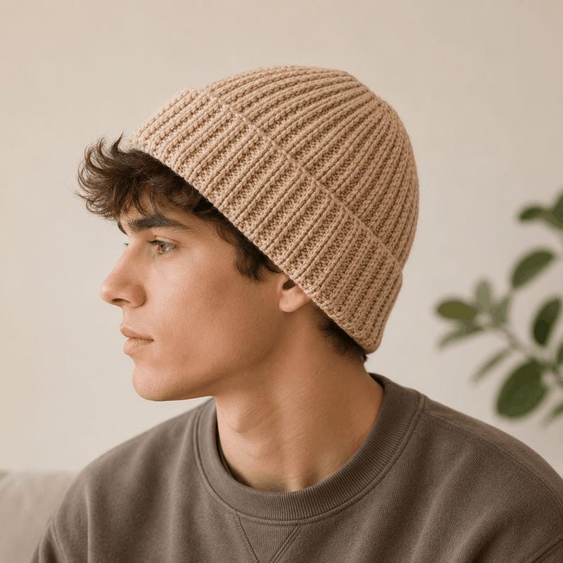 Pu&ograve; includere: Un berretto in maglia beige con una spessa trama a coste e un ampio risvolto ripiegato. Il cappello &egrave; realizzato in un materiale di filato morbido, caratterizzato da linee di maglia verticali che corrono dalla corona al bordo, ben aderente.