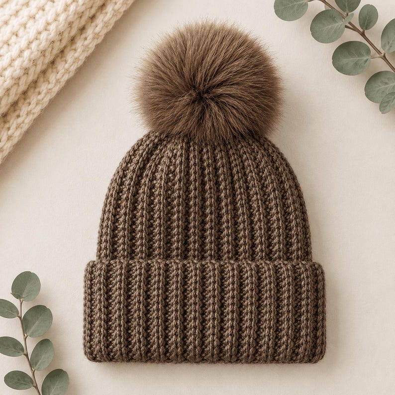 Pu&ograve; includere: Un berretto in maglia marrone scuro caratterizzato da una spessa trama a coste e un grande e soffice pon-pon in pelliccia sintetica sulla parte superiore. Il cappello presenta un ampio risvolto piegato alla base, che conferisce un aspetto strutturato.