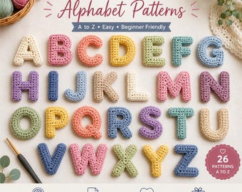 Schema dell'alfabeto all'uncinetto, alfabeto completo dalla A alla Z, schema dell'alfabeto amigurumi all'uncinetto adatto ai principianti, schema dell'alfabeto fai da te, download in PDF