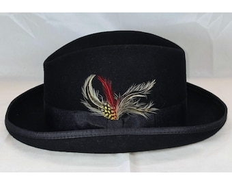 Vintage St. Patrick's Black Wool Godfather Homburg Hat With Feathers Size M Med.