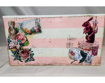 Taburete de madera estilo Shabby Chic, color rosa y blanco, con estampado floral de conejo y tigre, estilo casita de campo...