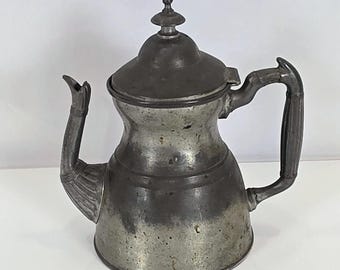 Antike 19th C. Pewter Teekanne Kaffeekanne Kupfer unten Klappdeckel geriffelter Auslauf