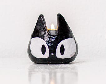 Portavelas de gato negro, portavelas adorable y espeluznante, decoración de gato para Halloween, decoración gótica hecha a mano para habitaciones, regalo para amantes de los gatos, acento mágico para el hogar.