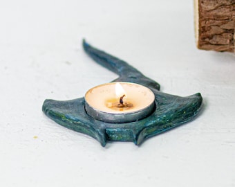 Stingray Tealight Holder, Dark Coastal Ocean Decor, Manta Ray Candle Holder, Deep Sea Home Accent, Unique Nautical Gift