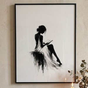 Framed Black White Woman Reading Art Print, Minimalist Reader Silhouette Wall Art, Premium Semi Glossy Wooden Framed Poster Ready to Hang