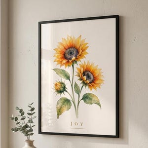 Ingelijste aquarelprint van een zonnebloem, poster op hoogwaardig mat papier met houten lijst, botanische wanddecoratie, klaar om op te hangen. Bloemenschilderij als decoratie.