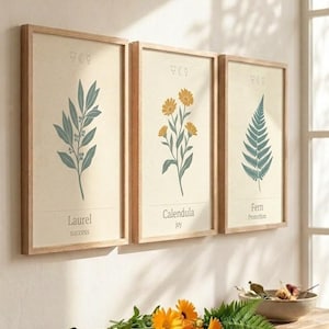 Può includere: Tre stampe botaniche incorniciate con illustrazioni di alloro, calendula e felce. Ogni stampa ha uno sfondo beige chiaro e una cornice in legno. La stampa dell'alloro è etichettata "successo", quella della calendula "gioia" e quella della felce "protezione".