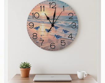 Sandpiper Beach Wall Clock, Coastal Home Decor, Shorebird Ocean Scene Clock, Beach House Housewarming Gift, Nautical Wall Art