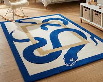 Abstract Blue Snake Hand-Tufted Wool Rug | Geometric Serpent Design Carpet | Eclectic Decor