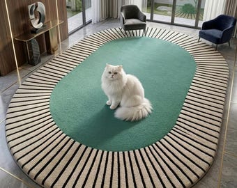 Modern Teal Oval Carpet with Black Stripes | Hand-Tufted Geometric Living Room Rug
