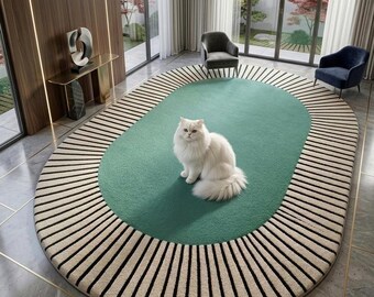 Alfombra arqueada verde salvia, alfombra ovalada escandinava, decoración de lujo contemporánea para el hogar.