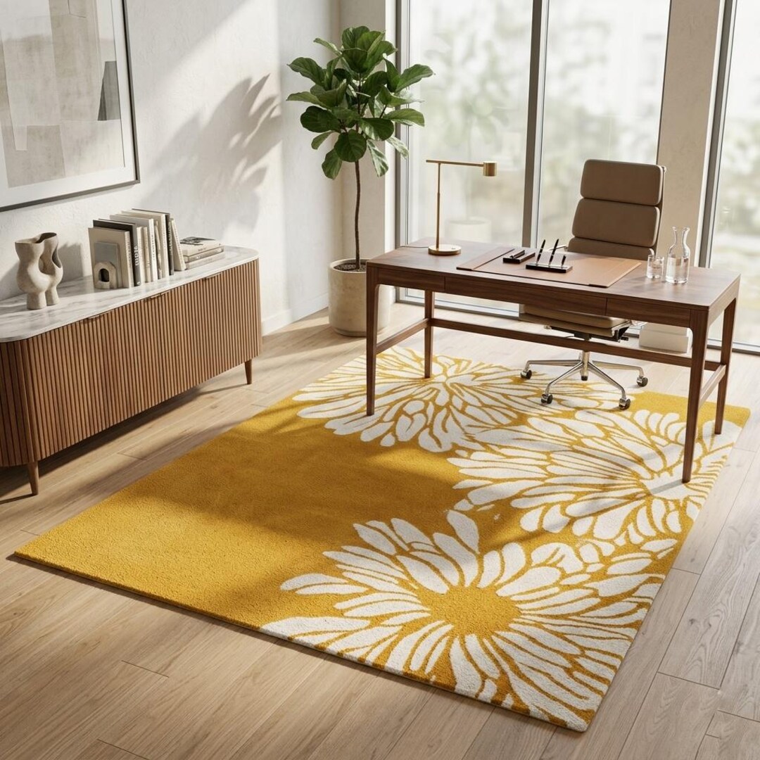 Yellow Floral Area Rug – Modern White Daisy Pattern Statement Rug ...