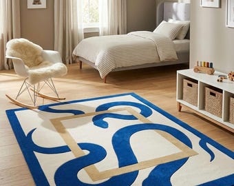 Abstract Blue Snake Hand-Tufted Wool Rug | Geometric Serpent Design Carpet | Eclectic Decor