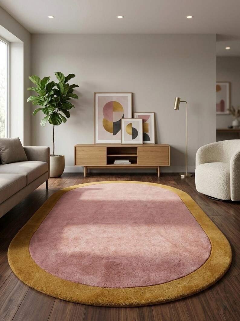 Puede incluir: Una alfombra ovalada rosa y dorada en un sal&oacute;n. La alfombra tiene un centro rosa suave con un borde dorado. La habitaci&oacute;n tambi&eacute;n cuenta con un mueble de madera, obras de arte, un sof&aacute;, una planta y un sill&oacute;n blanco.