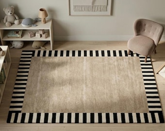 Hand-Tufted Wool Rug – Beige Area Carpet, Black & White Striped Border, Minimalist Home Decor