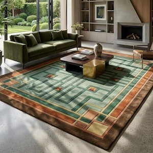 Puede incluir: Una alfombra rectangular grande con un patrón geométrico en tonos verde salvia, terracota y bronceado. El diseño consiste en líneas y cuadrados interconectados, bordeados por un marco ancho de color marrón oscuro, cubriendo el suelo.