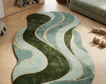 Alfombra de lana orgánica tejida a mano – Alfombra abstracta de ondas color verde esmeralda